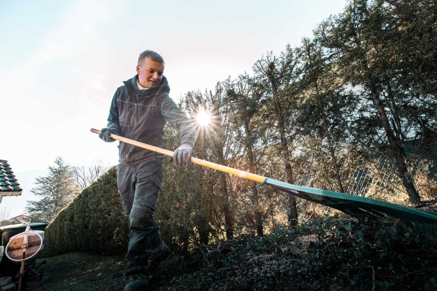 Photo d'un paysagiste entrain d'entretenir une haie de jardin